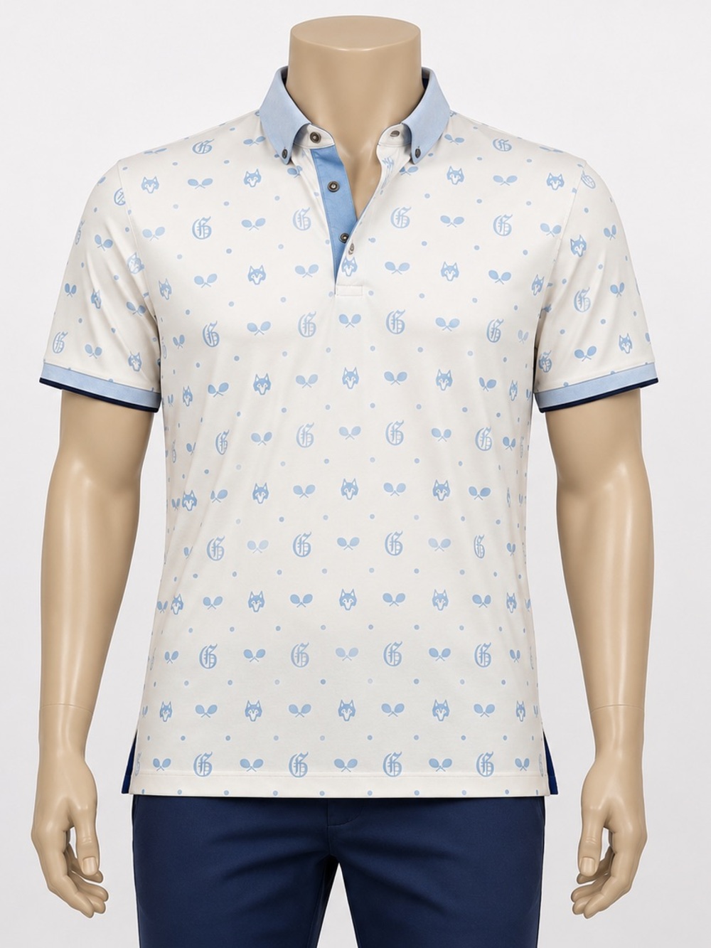 Greyson Men’s Medium Polo Shirt Wolf Tennis Racket Print Blue Cream Golf Stretch